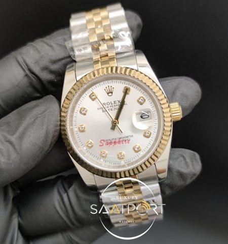 Rolex Saat DateJust Taşlı Beyaz Kadran Tırtıklı Gold Bezel Otomatik Mekanizma