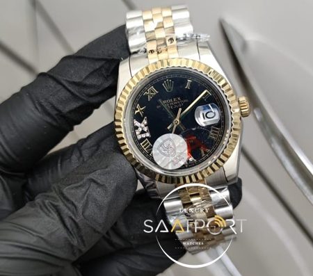 Rolex Saat Otomatik DateJust Roma Rakamlı Taşlı Siyah Kadran Jubile Kordon