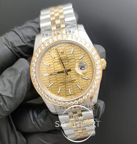 Rolex Saat Datejust Desenli Gold Kadran Taşlı Bezel Otomatik Jubile Kordon