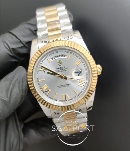 Rolex Saat Day Date Otomatik 41mm Roma Rakamlı Gri Kadran Tırtıklı Bezel