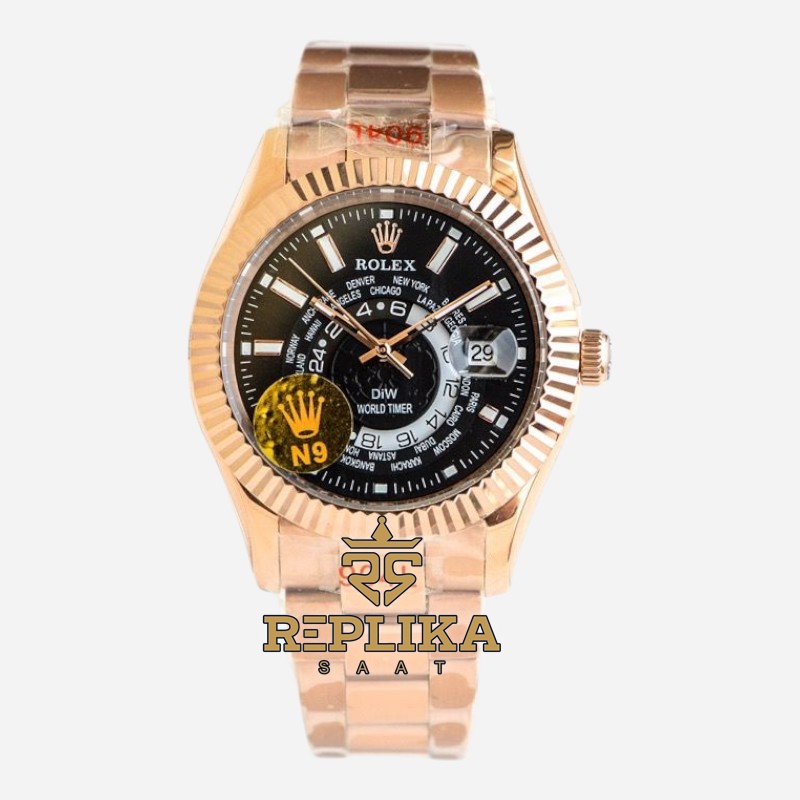 Rolex Sky-Dweller Rose Diw World Timer Black Dial 42mm Oyster Bracelet Super Clone ETA
