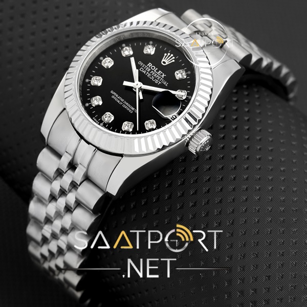 Rolex Date Just replika saat siyah kadran taşlı model