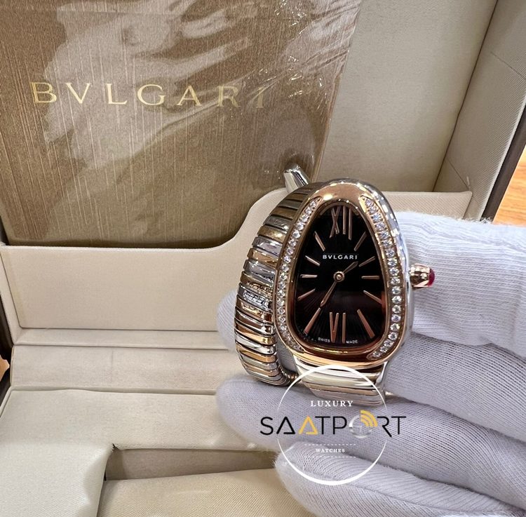 Bvlgari Taşlı Rose Bezel Serpenti Serisi Roma Rakamlı Siyah Kadran