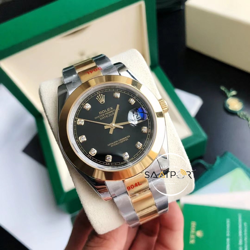 Rolex Datejust II 126303 Taşlı Siyah Kadran Düz Gold Bezel Oyster Çelik Kordon