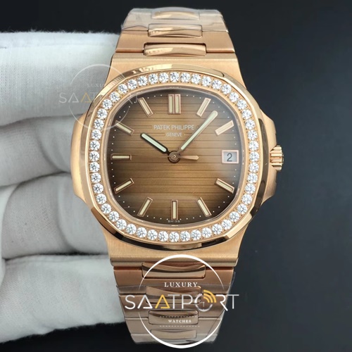 Nautilus Jumbo 5711R RG PF 1-1 Best Edition Brown Textured Dial Diamonds Bezel on RG Bracelet A324 Clone V2