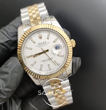 Rolex Saat Datejust Beyaz Kadran Tırtıklı Gold Bezel Jubile Kordon