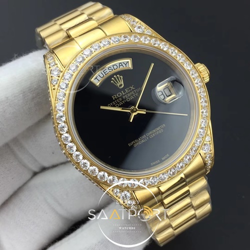 Rolex Day-Date 41 JWF Diamond Bezel Black Dial on Oyster Bracelet Swiss Eta  2836