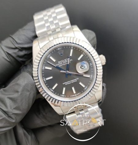 Rolex Saat Datejust Gri Kadran Tırtıklı Bezel Çelik Jubile Kordon