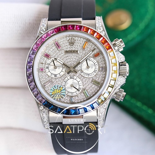 Eta Saat Rolex Daytona 116599 Rainbow Gümüş Full Baget 4130 Eta Mekanizma