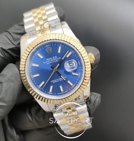 Rolex Saat Datejust Mavi Kadran Jubile Kordon Tırtıklı Gold Bezel