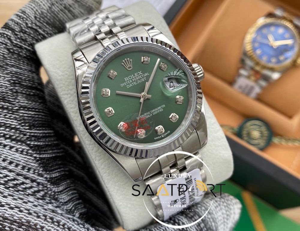 Rolex Saat Datejust Tırtıklı Çelik Bezel Taşlı Yeşil Kadran Jubile Çelik Kordon