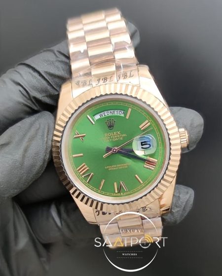 Rolex Saat Day Date Rose Otomatik 41mm Roma Rakamlı Yeşil Kadran