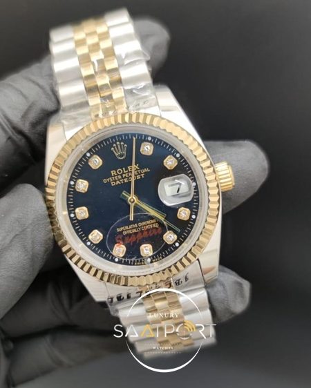 Rolex Datejust 31 MM Taşlı Siyah Kadran Tırtıklı Gold Bezel Jubile Kordon Otomatik Mekanizma