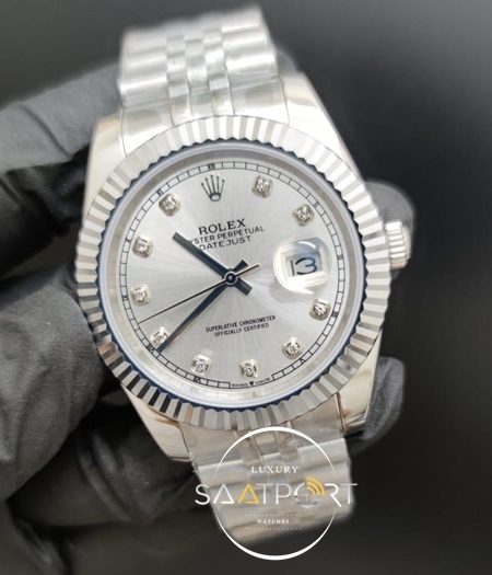 Rolex Saat Datejust Taşlı Gri Kadran Otomatik Mekanizma Tırtıklı Çelik Bezel