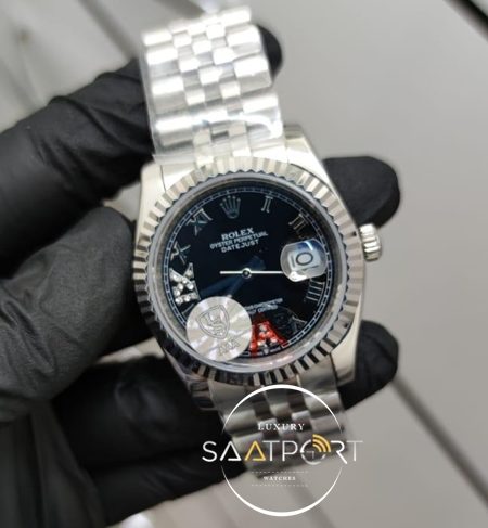 Rolex Saat DateJust Roma Rakamlı Taşlı Siyah Kadran Çelik Jubile Kordon