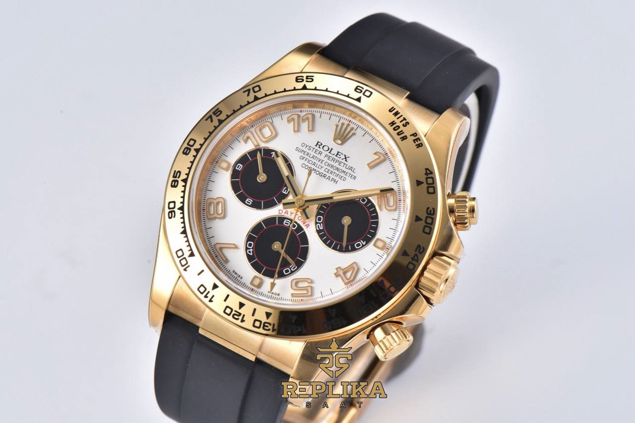 Rolex Daytona 116519 Rakamlı Beyaz Kadran Gold Clean Factory 4130 Super Clone ETA