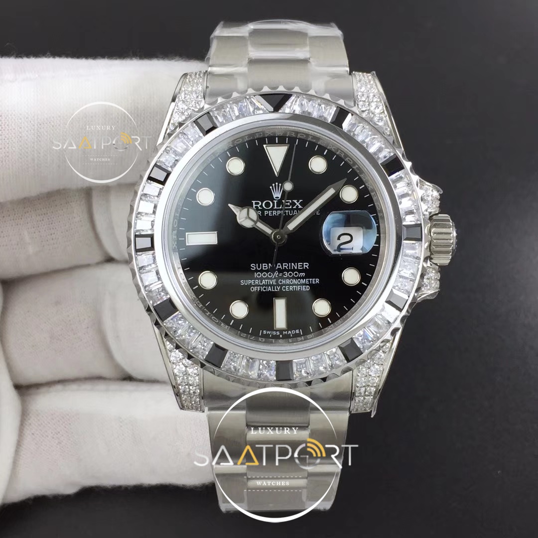 Rolex Submariner White Diamonds Bezel  GSF 1-1 Black Dial on SS Super Clon