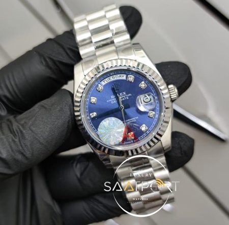 Rolex Day Date Taşlı Mavi Kadran Çelik Tırtıklı Bezel Otomatik Mekanizma