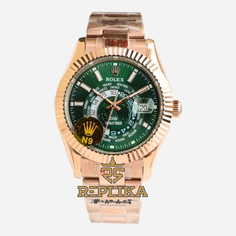Rolex Sky-Dweller Rose Diw World Timer Green Dial 42mm Oyster Bracelet Super Clone ETA
