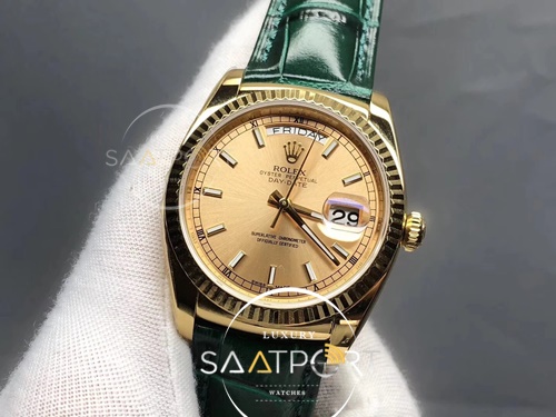 Rolex Yellow Gold 36mm Day-Date green Leather Strap 18038 Swiss Clon