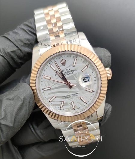 Rolex Saat Datejust 41mm Desenli Gri Kadran Tırtıklı Gold Bezel