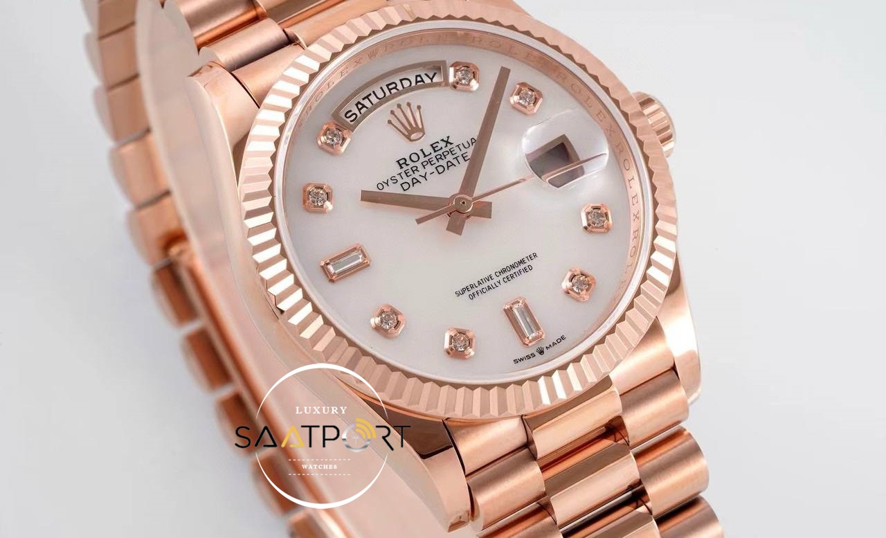 Rolex 128235 Day-Date Taşlı Beyaz Kadran 904L Rose 36mm 3255 ETA