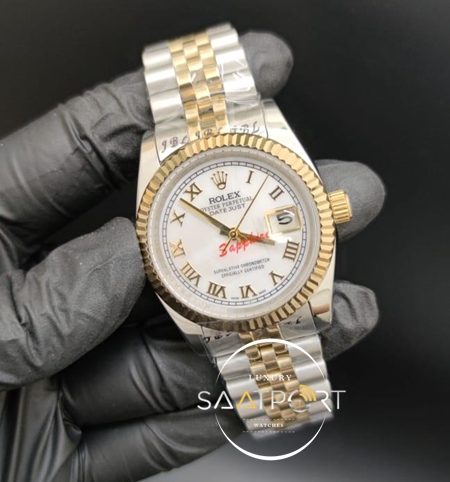 Rolex Datejust Roma Rakamlı Beyaz Kadran Tırtıklı Bezel Jubile Kordon Otomatik Mekanizma