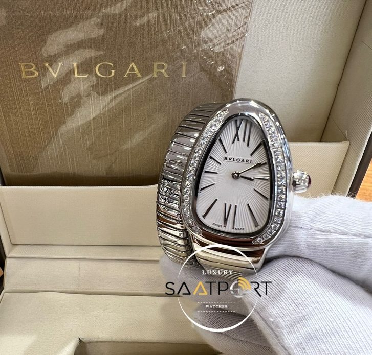 Bvlgari Serpenti Taşlı Gümüş Bezel Roma Rakamlı Beyaz Kadran