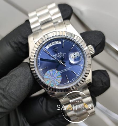 Rolex Saat Day Date Otomatik Mekanizma Tırtıklı Bezel Mavi Kadran