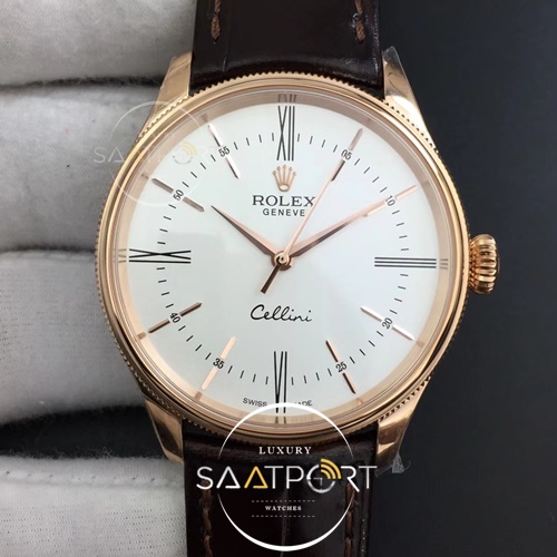 Rolex Cellini Time 50509 RG MKF Best Edition White Dial Roman Marker on Brown Leather Strap A3132 V4