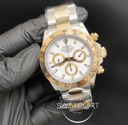 Rolex Saat Otomatik Daytona Beyaz Kadran Gold Bezel Çelik Kordon