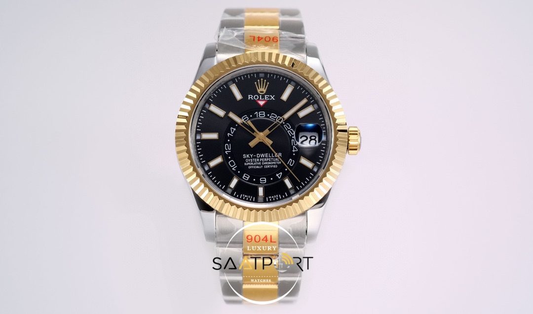 Rolex Sky-Dweller 42mm Gold Bezel Siyah Kadran 904L Çelik Super Clone 9001 ETA