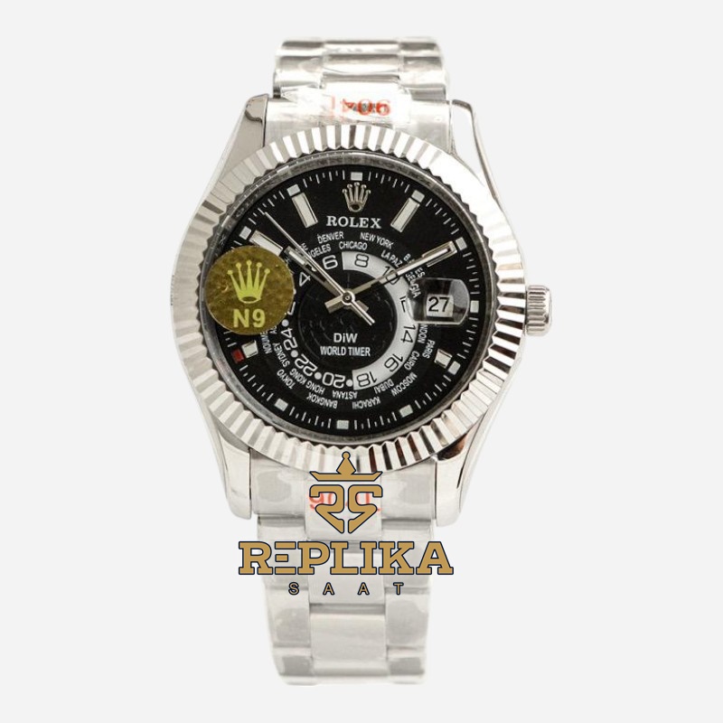 Rolex Sky-Dweller 904L Diw World Timer Siyah Kadran 42mm Oyster Bracelet Super Clone ETA