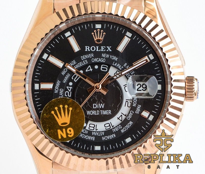 Rolex Sky-Dweller Rose Diw World Timer Black Dial 42mm Oyster Bracelet Super Clone ETA