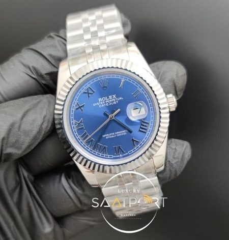 Rolex Saat Datejust Otomatik Mavi Oyster Perpetual Roma Rakamlı Kadran Tırtıklı Bezel