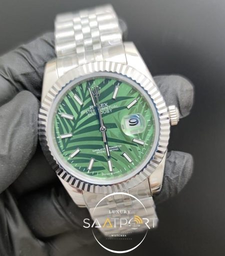 Rolex Saat Datejust Desenli Yeşil Kadran Tırtıklı Bezel Jubile Kordon