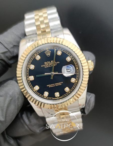 Rolex Datejust 36 MM  Baget Taşlı Siyah Kadran Tırtıklı Gold Bezel Jubile Kordon Otomatik Mekanizma