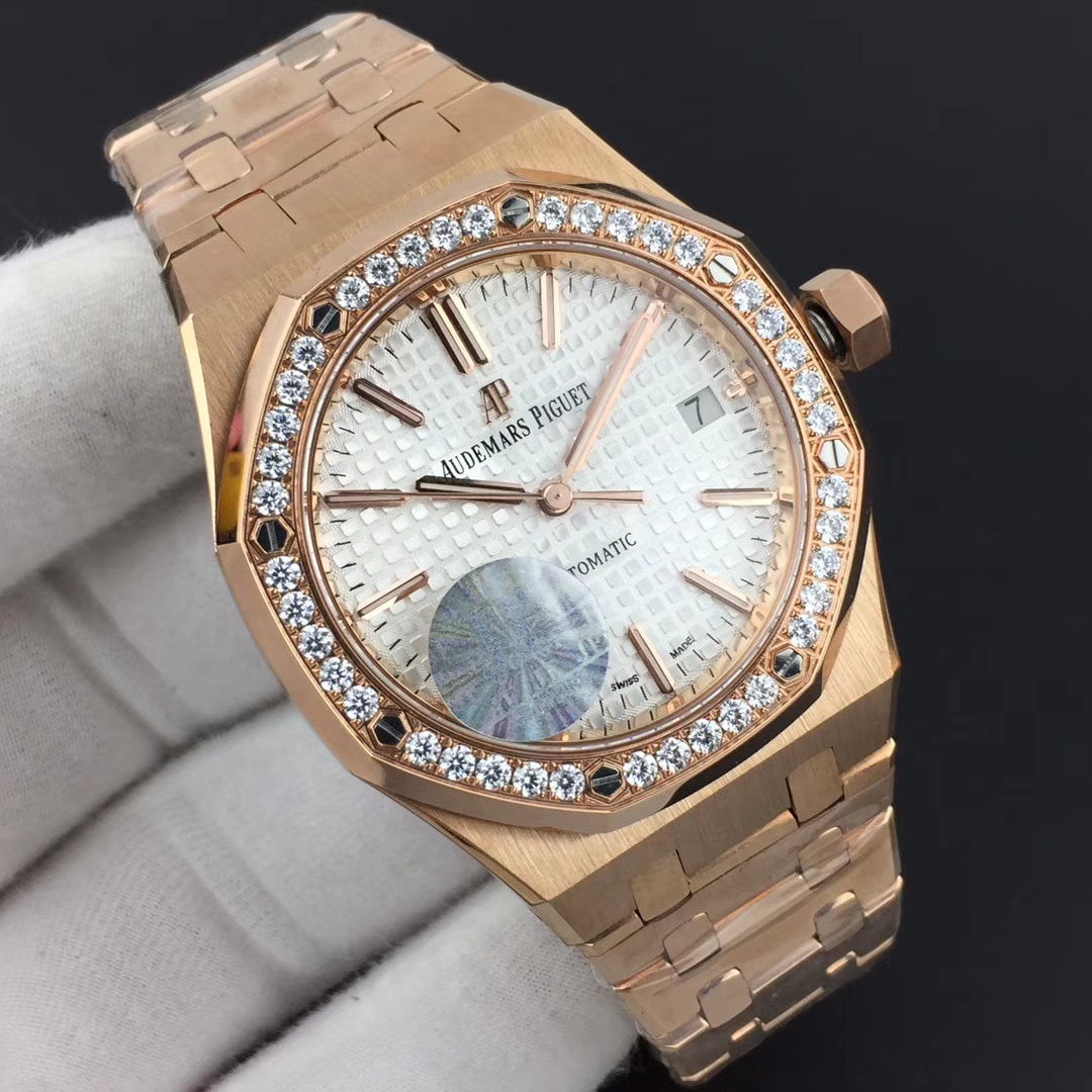 Royal Oak 37mm 15450 RG JF 1-1 Best Edition Diamonds Bezel Silver Dial on RG Bracelet A3120 V3