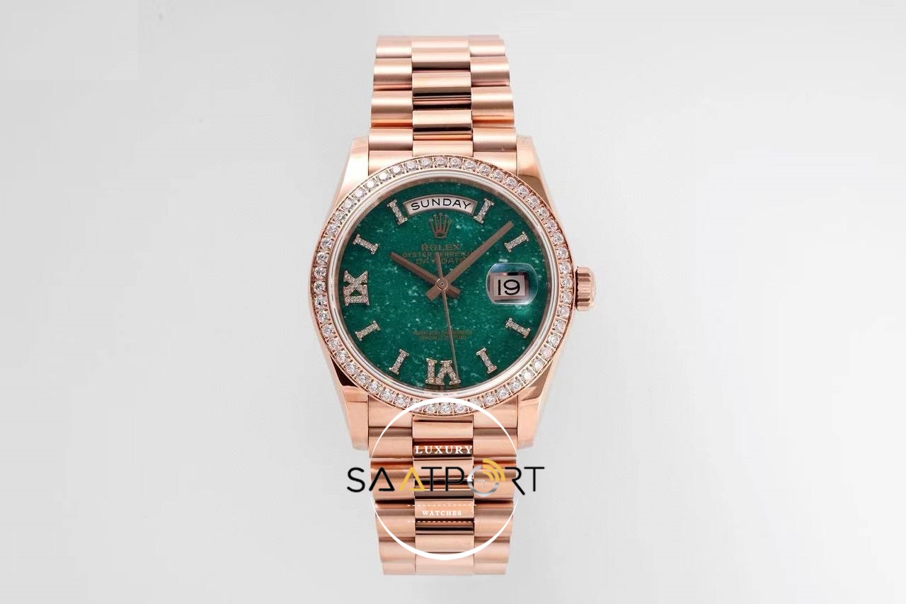 Rolex Day-Date 128395 904L Rose 36mm Yeşil Aventurin Kadran 3255 ETA