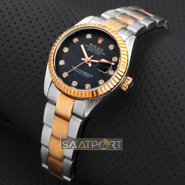 Replika Rolex Bayan Saat Taşlı Siyah kadran rose