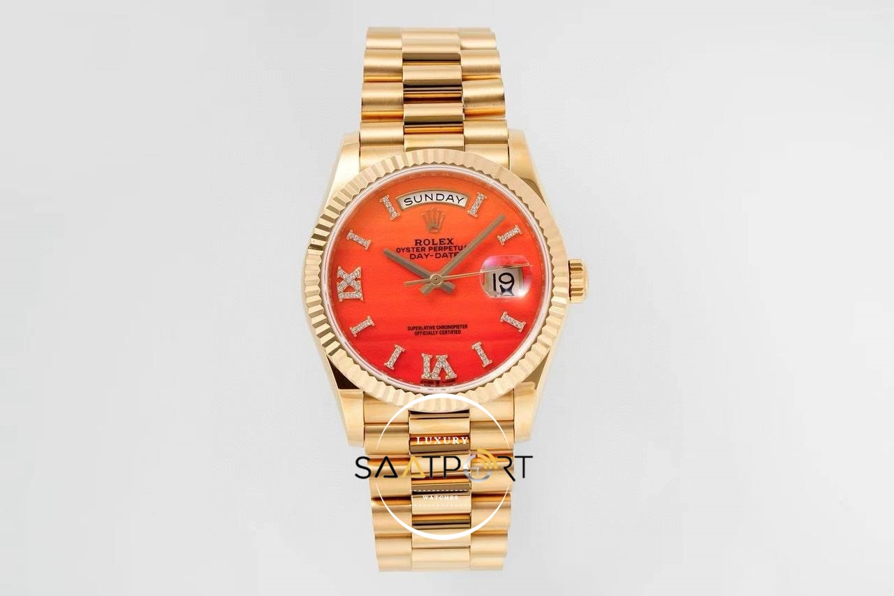 Rolex Day-Date 128238 Taşlı Roma Rakamlı Akik Kadran 904L Gold 36mm 3255 ETA