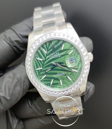 Rolex Saat Datejust Baget Taşlı Bezel Desenli Yeşil Kadran Çelik Kordon