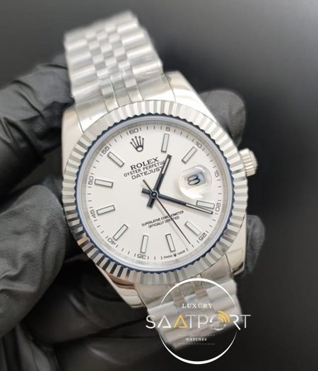 Rolex Saat Datejust Beyaz Kadran Tırtıklı Bezel Çelik Jubile Kordon