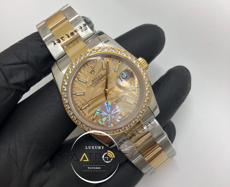 Rolex Saat Datejust Taşlı Gold Bezel Desenli Gold Kadran Oyster Çelik Kordon