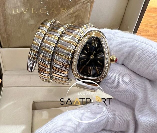 Bvlgari Serpenti Baget Taşlı Gold Gümüş Kasa Roma Rakamlı Siyah Kadran