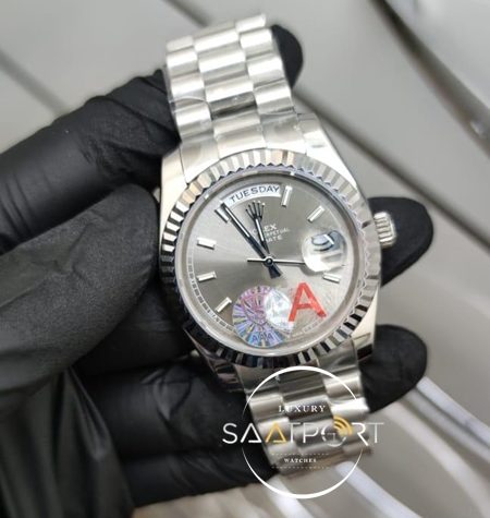 Rolex Saat Day Date Gri Kadran Çelik Tırtıklı Bezel Otomatik Mekanizma