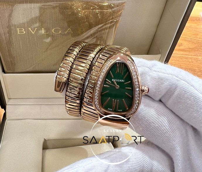 Bvlgari Serpenti Baget Taşlı Gold Kasa Roma Rakamlı Yeşil Kadran