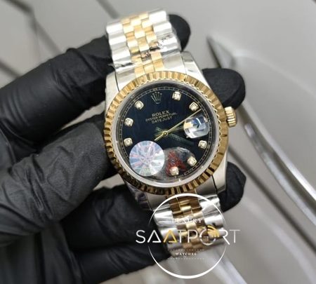 Rolex Saat DateJust Taşlı Siyah Kadran Tırtıklı Gold Bezel Otomatik Mekanizma