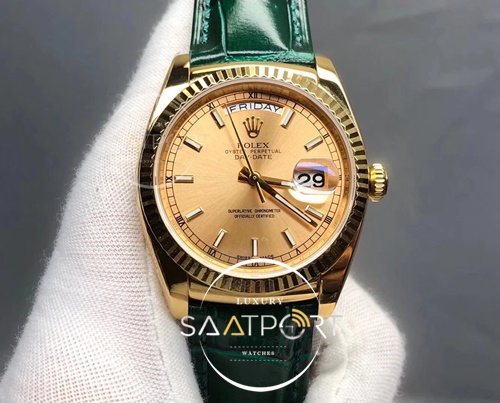 Rolex Yellow Gold 36mm Day-Date green Leather Strap 18038 Swiss Clon