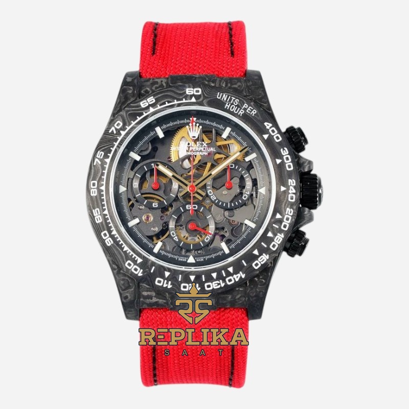 Rolex Daytona Carbon Fiber 40mm DiW Skeleton Dial Red Strap 4130 ETA